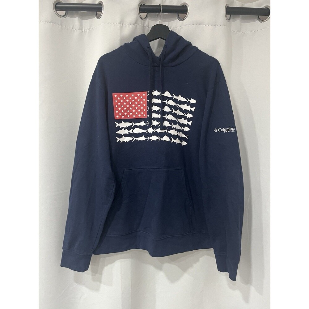 Columbia PFG Fish Flag Hoodie Navy Blue Saltwater Fishing Sweatshirt Mens Size L
